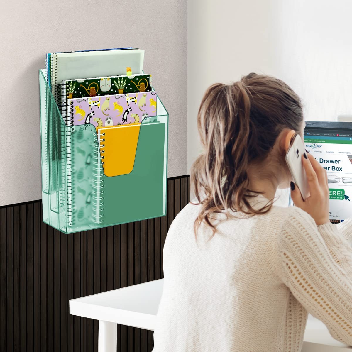 Vertical Triple File Folder Holder Organizer Plastic Clear Green Sorter Desk