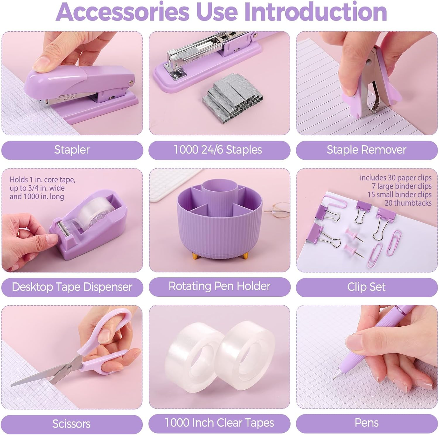 Purple Office Desk Accessories Set 10PCS with Stapler Pencil Holder Scissors