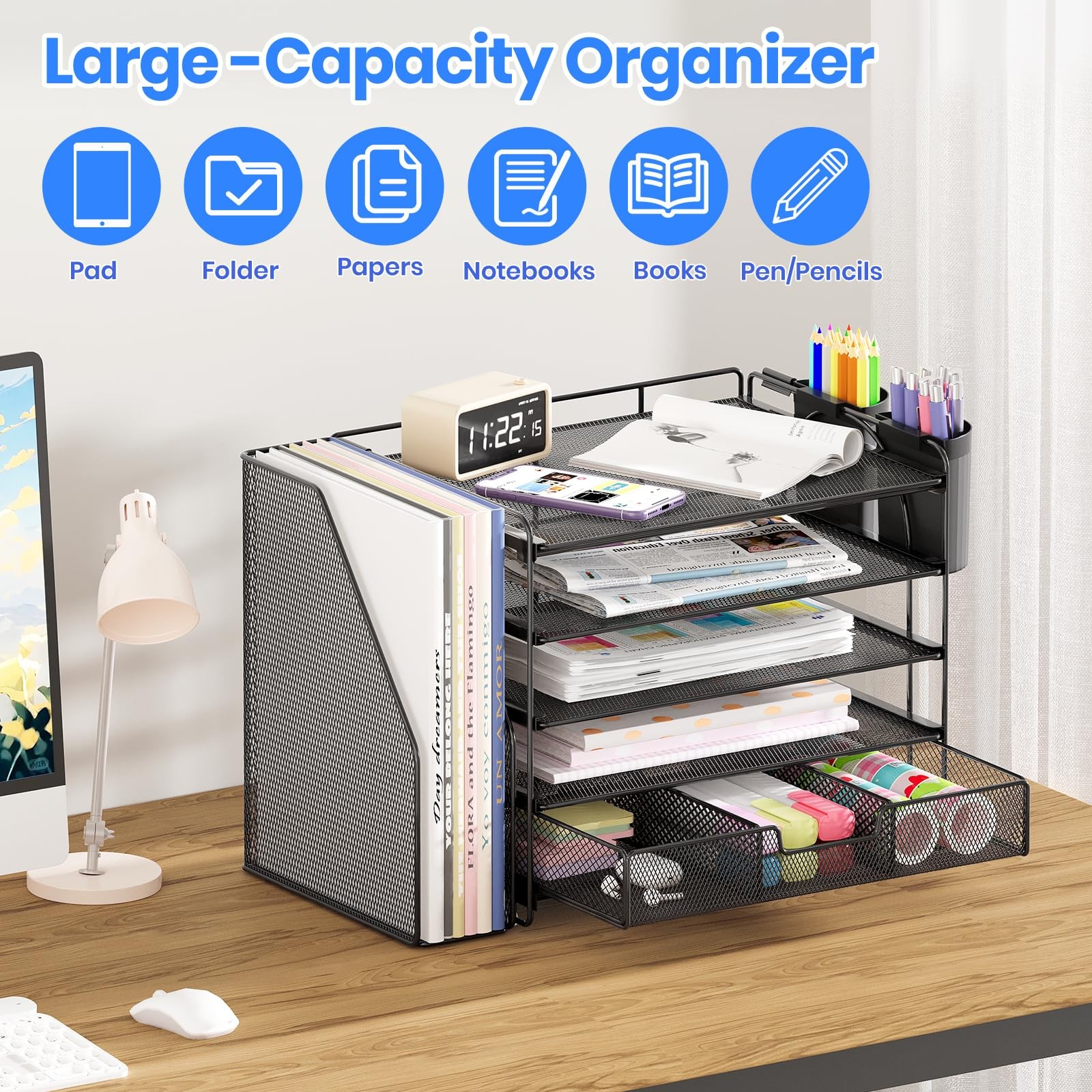 Desk Organizer, 5-Tier Desktop File Organizer with Drawer and Pen Holders, Of…