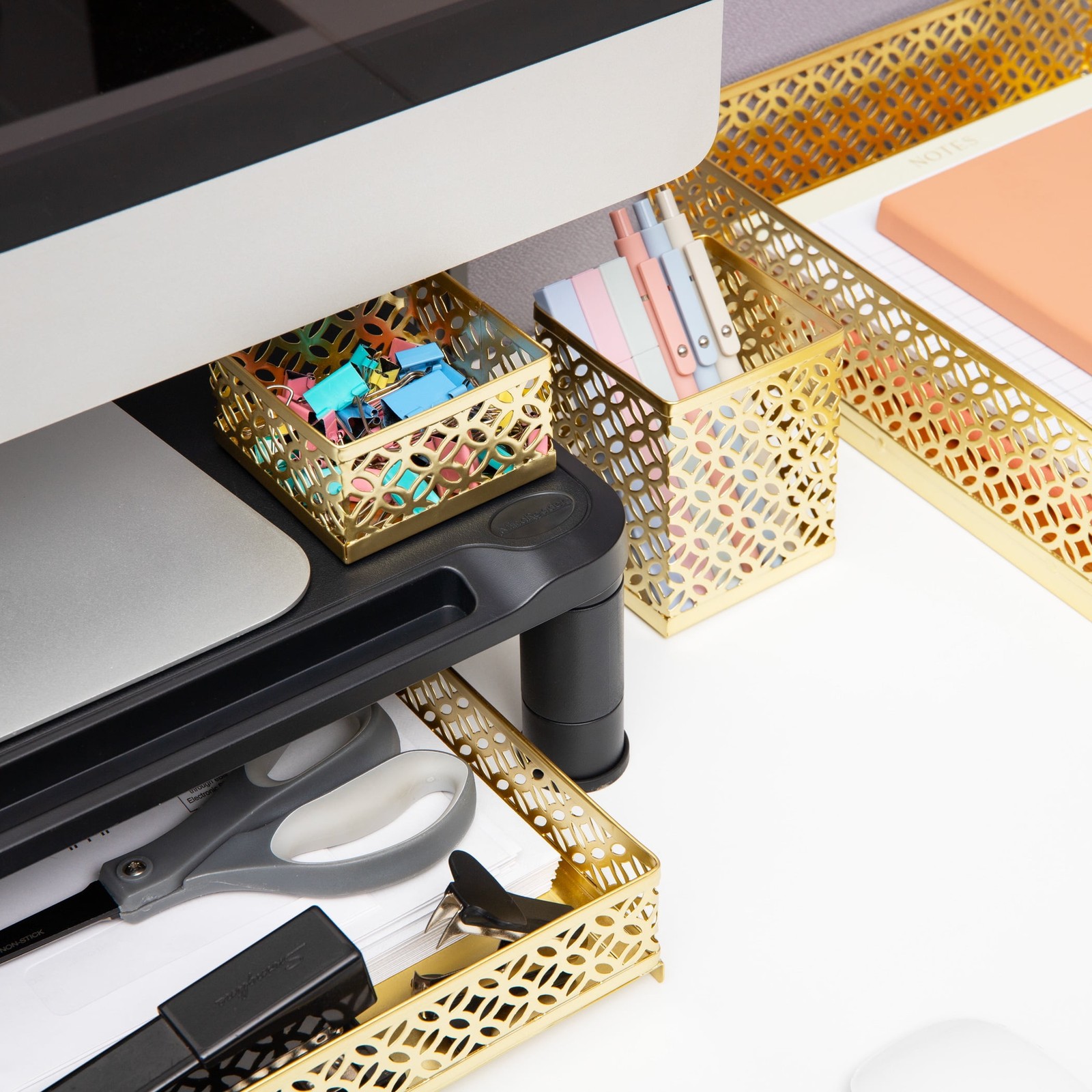 Gold Desk Organizer Set Includes Pen Cup Catchall Tray File Box & Paper Tray