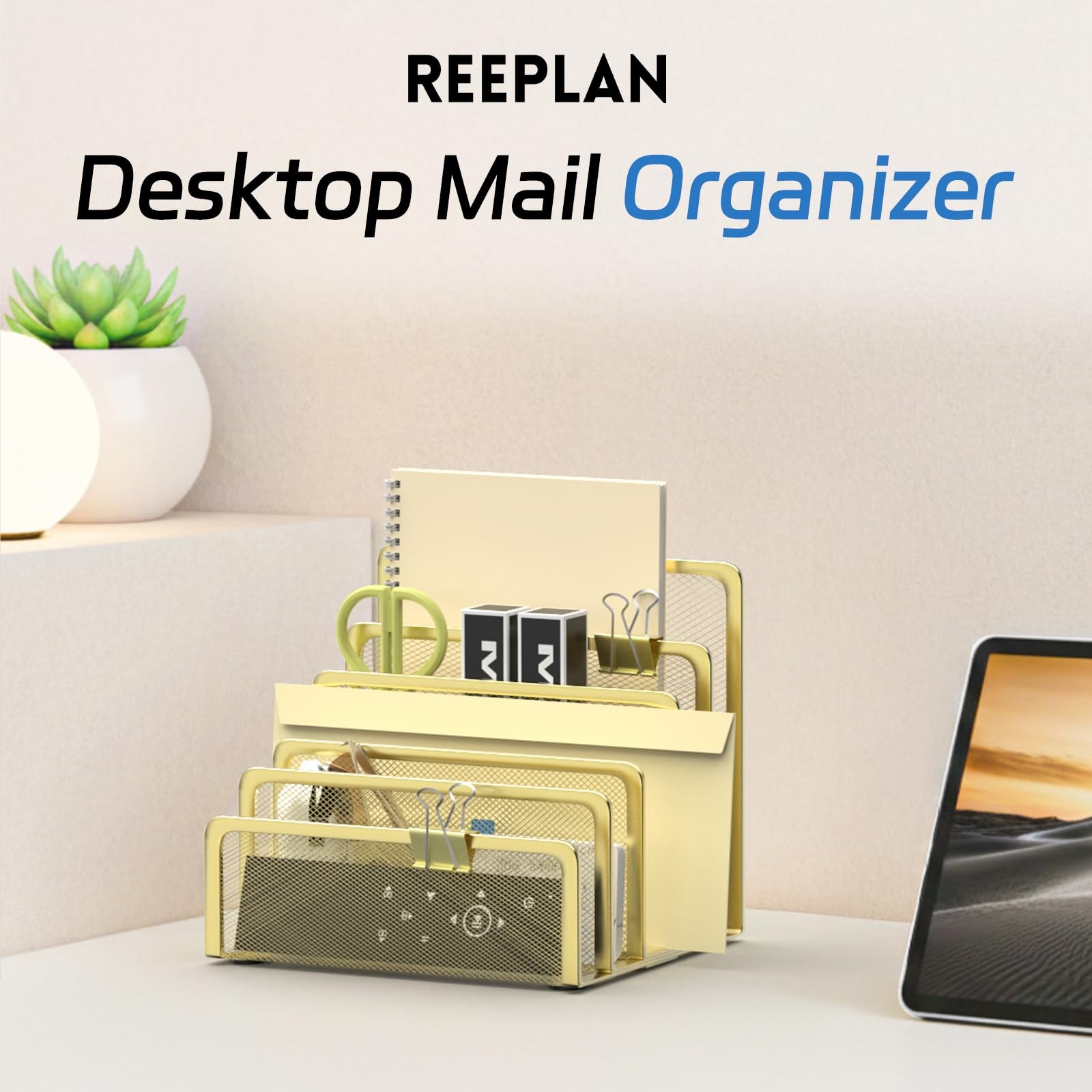 ReePlan Mail Organizer Countertop with 5 Slot, Metal Holder for Gold