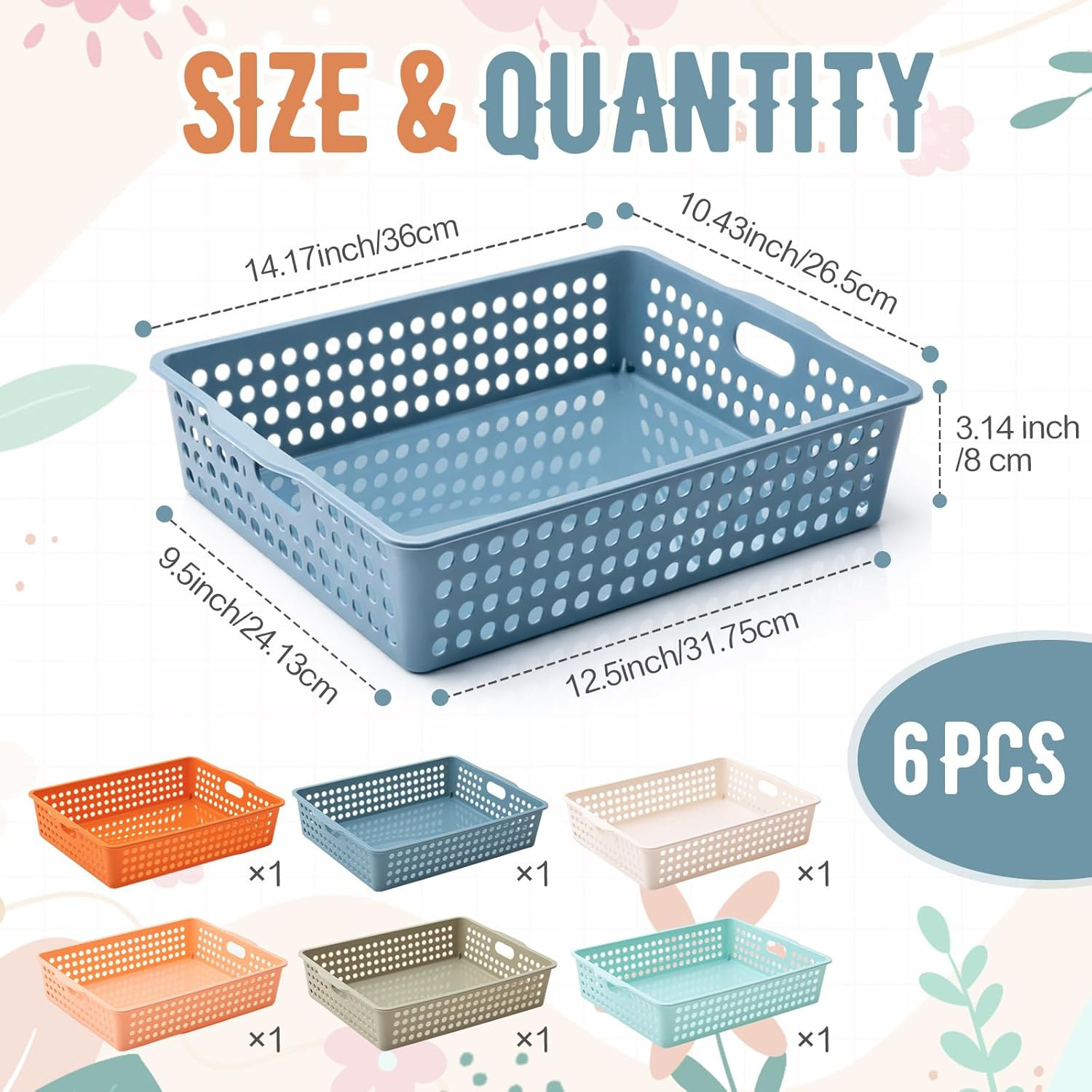 6 Pack Classroom Storage Baskets with Handle 14”X10” Paper Tray Holds A4 Turn