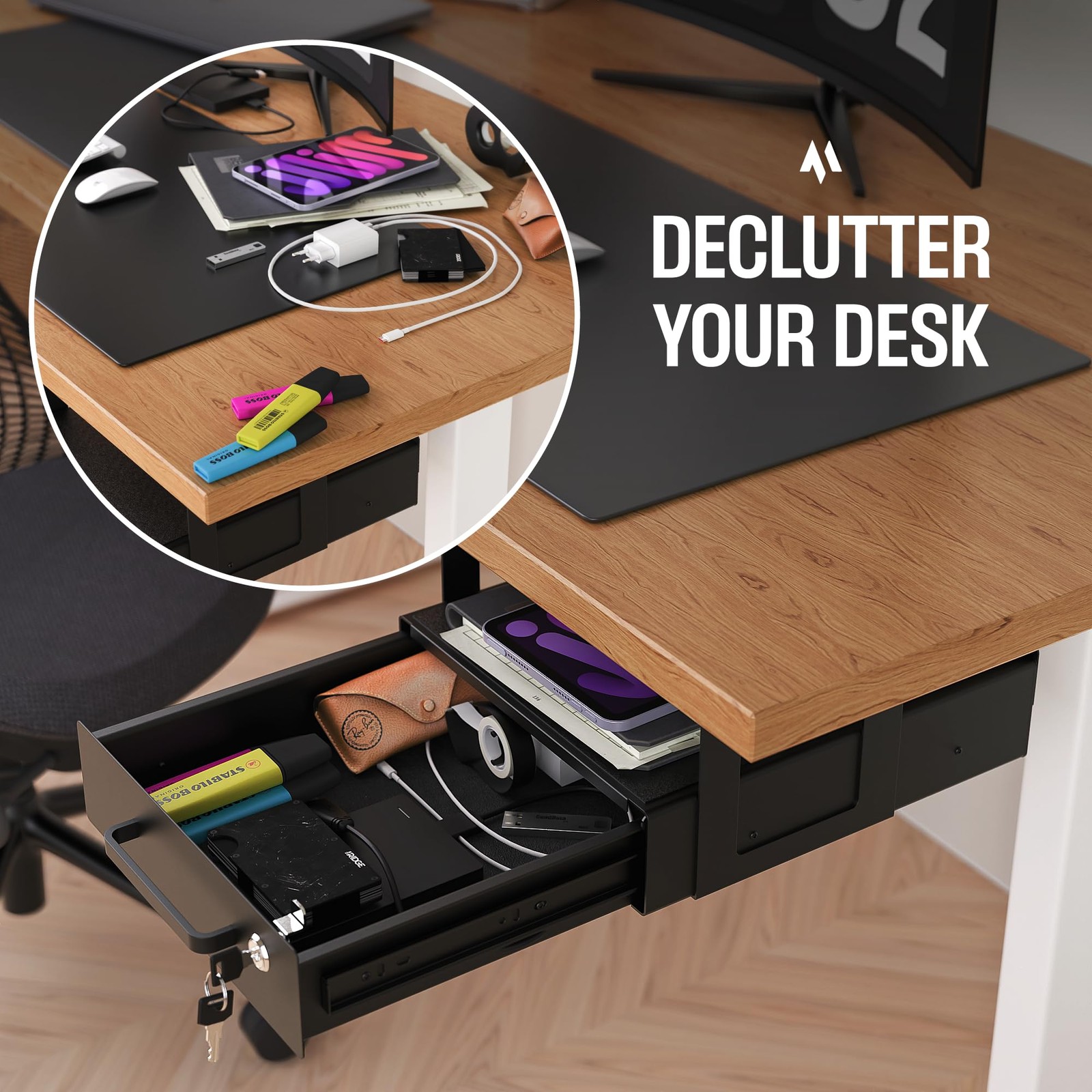 Under Desk Lockable Slide~Out Metal Drawer with Cable Management