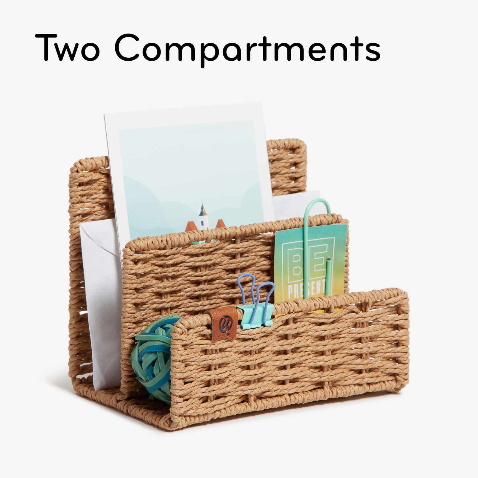 Beige Woven Letter Sorter Desk Organizer Natural Elegant Office Accessory