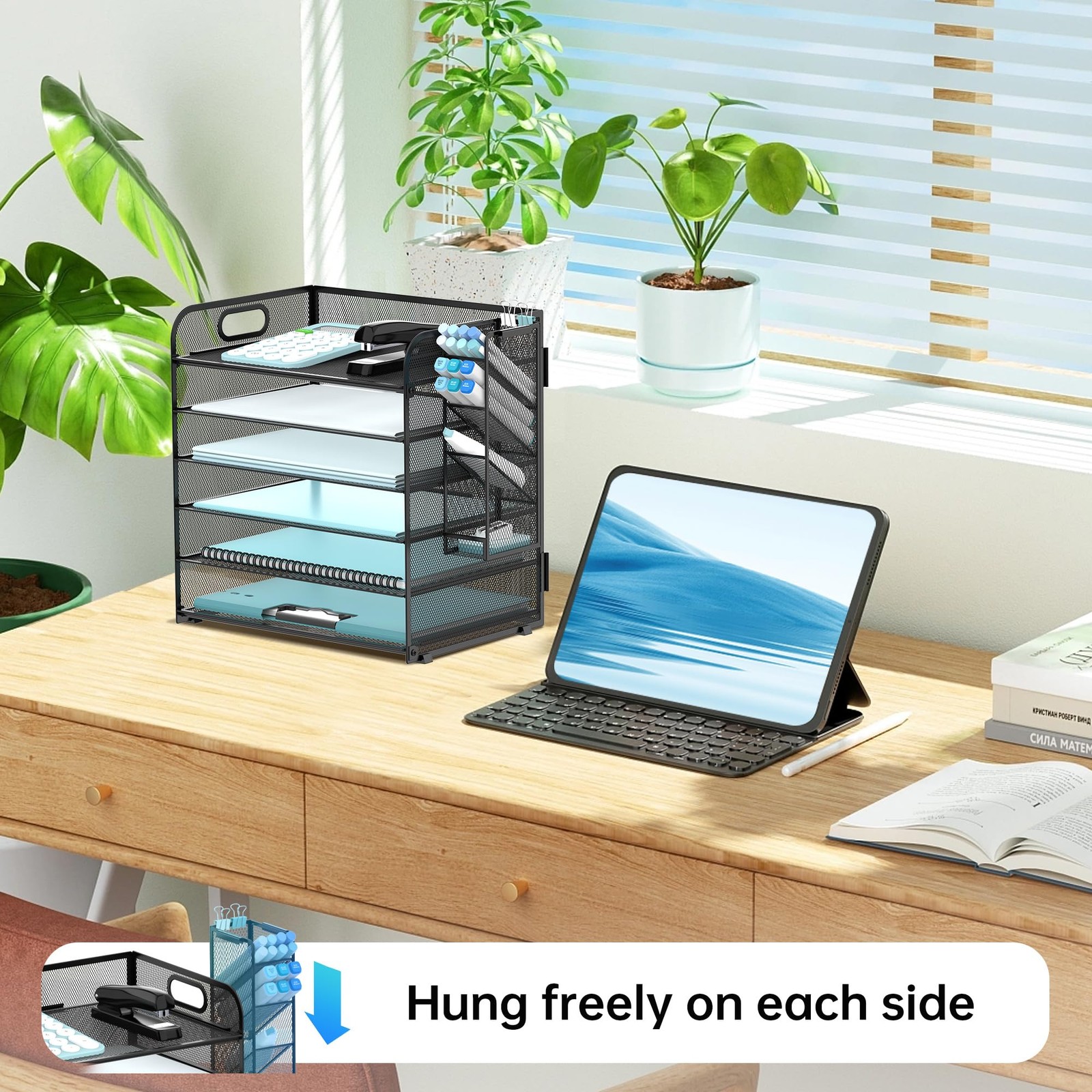 SUPEASY 6 Tier Desk Organizer with 4 Pen Holders, 12.8″ x 9.3″ x 13.2″, Black