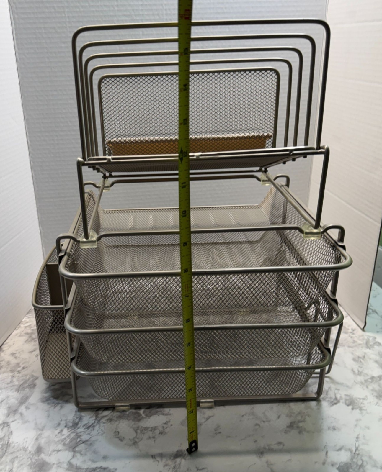 Mesh Metal Office Desk Organizer Steel Grey Finish Sliding Baskets Paper Holders
