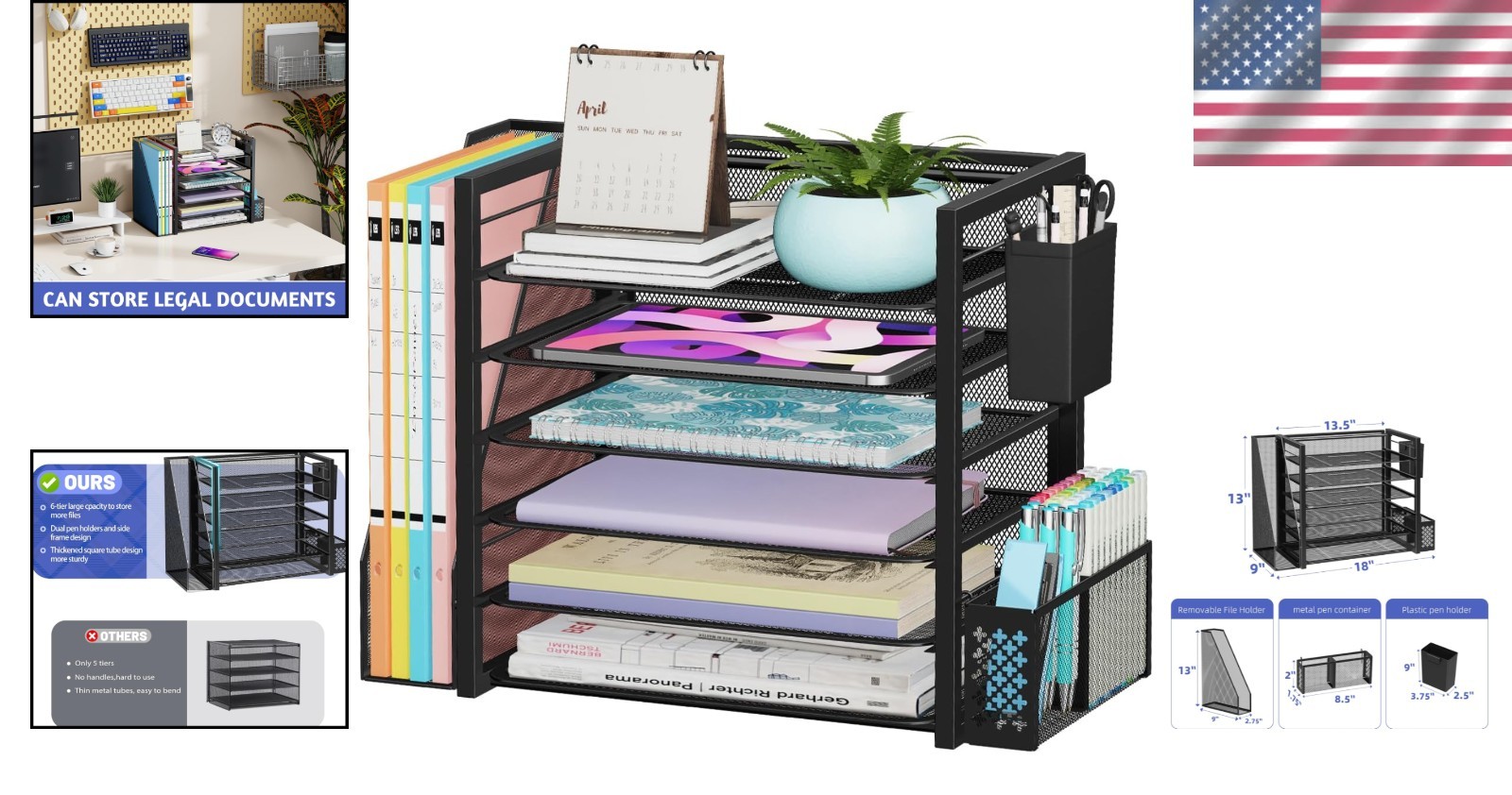 Durable 6-Tier Desk Organizer with Sliding Drawer & Pen Holders – Metal Finish