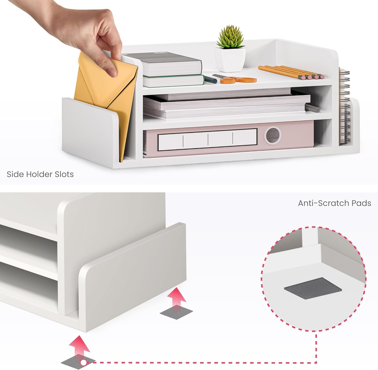 3-Tier Wood Desk Organizer Letter Tray File Holder w/ 2 Mail Slots White