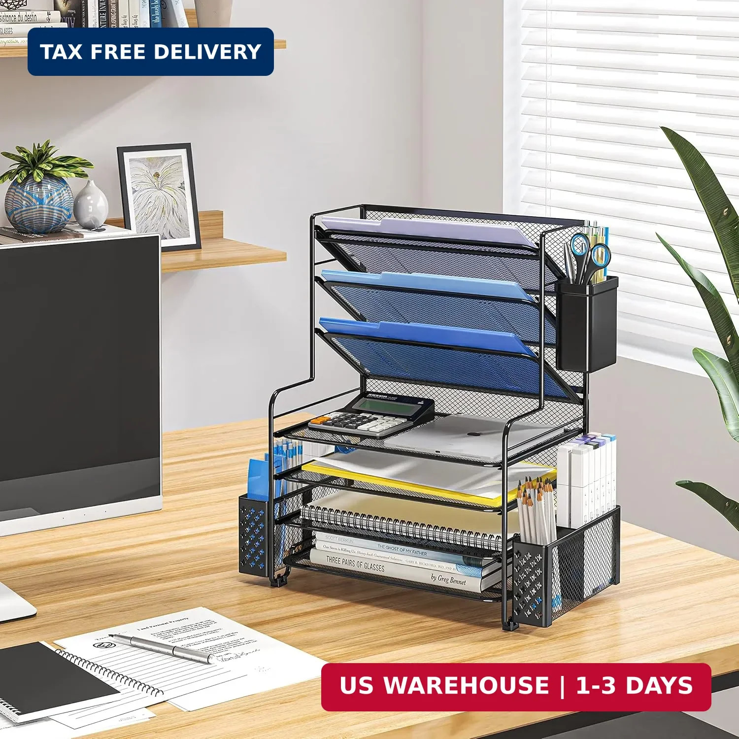 Simple Trending 7 Tier Desk File Organizer, Letter Tray Paper Organizer with Pen