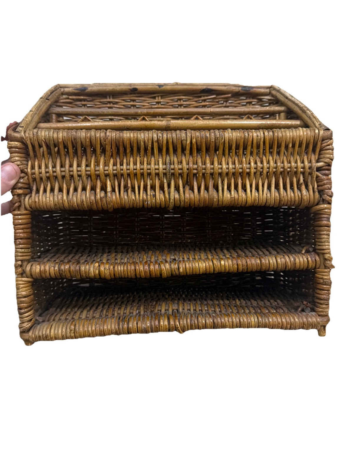 Vintage Wicker Desk Organizer Woven Mail LetterHolder Shelf Tiered10.5”x6.5”x11”