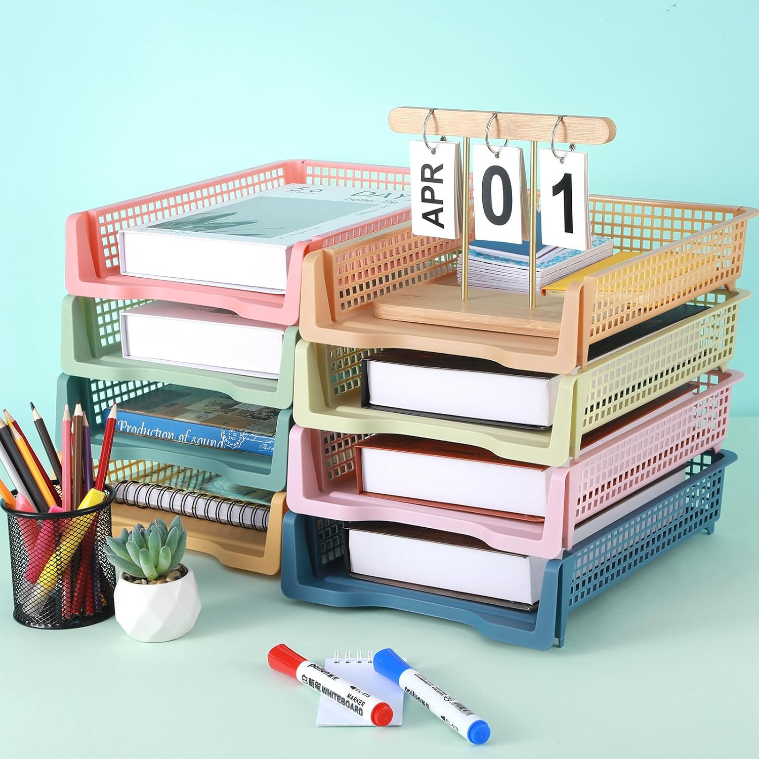 8 Pack Boho Plastic Turn in Paper Trays for Classroom Storage Bin Basket Organiz