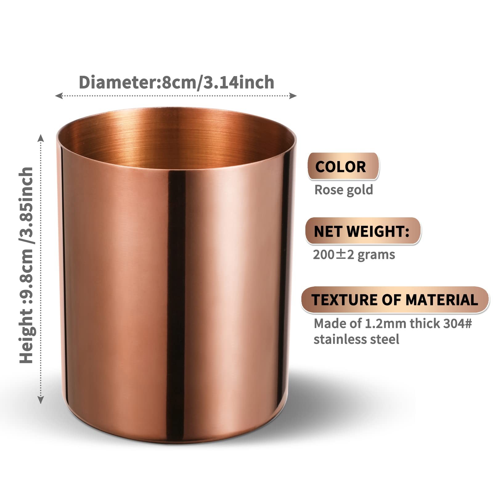 Rose Gold 304 Stainless Steel Pen Holder & Pencil Cup, Metal Desk Caddy & Des…