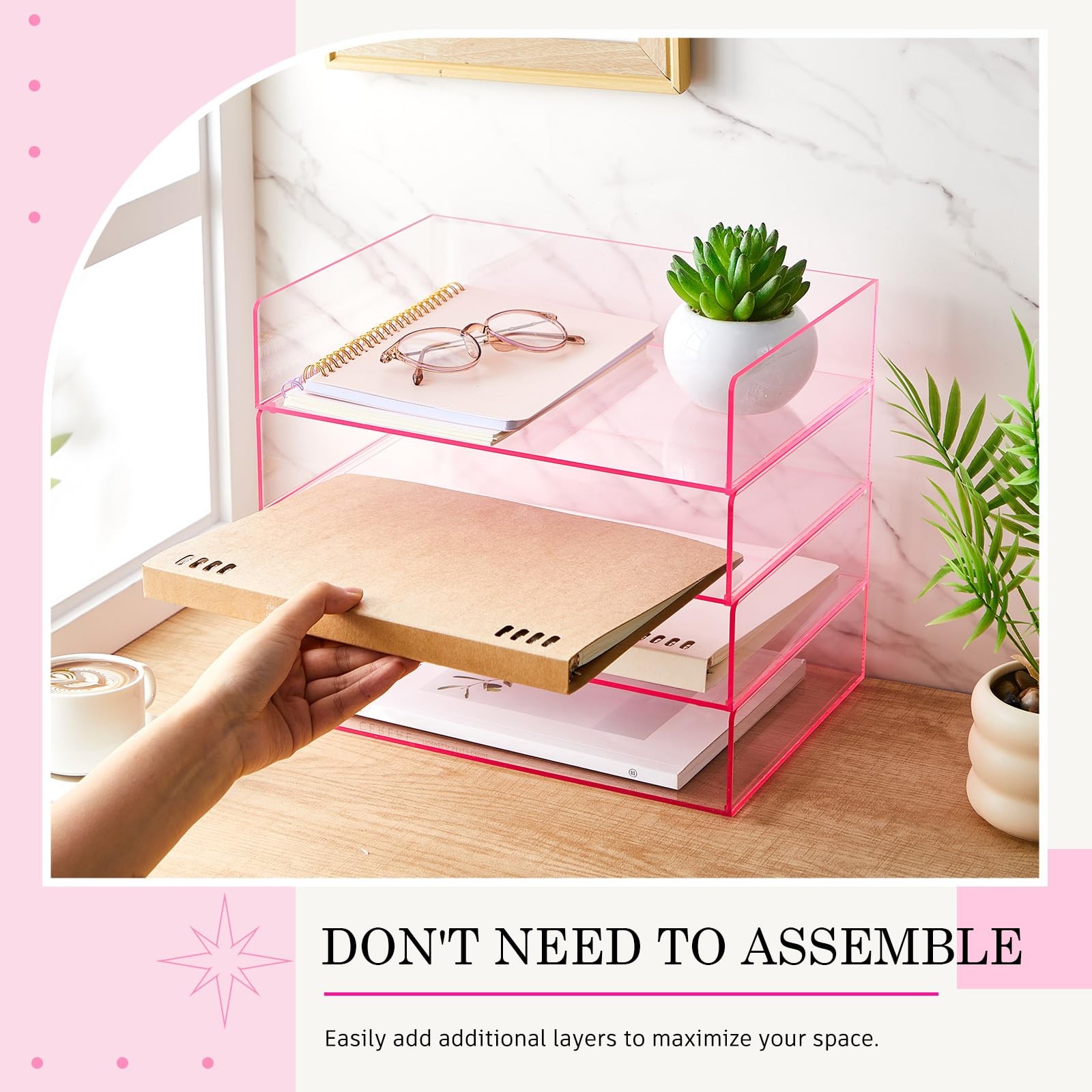 4 Tier Pink Acrylic Desk File Organizer Stackable Letter/A4 Paper Tray Home