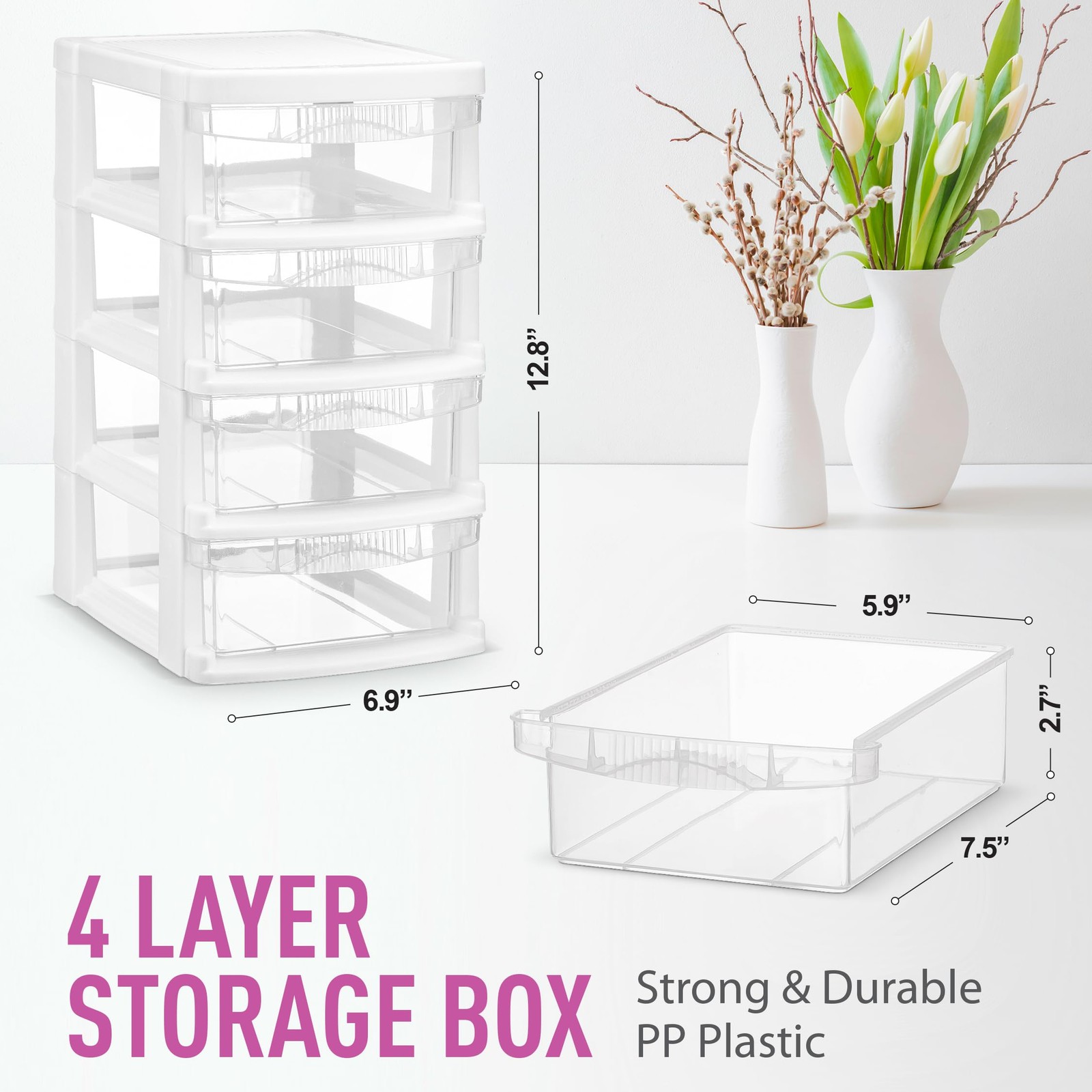 Mini Plastic Stacking Desk Top 4-Drawer 6.77 x 7.91 x 12.76 inches, White