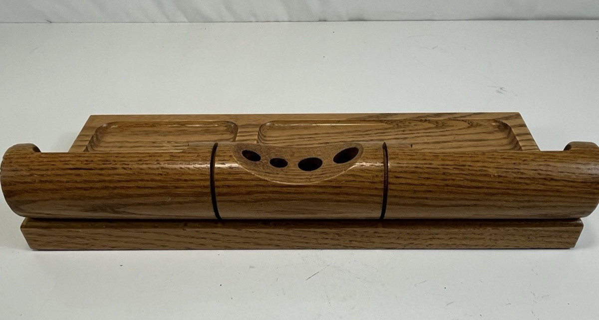 Wooden Desk Organizer 14″ x 8″ Oak Heavy MCM Business Cards Pencils Notes