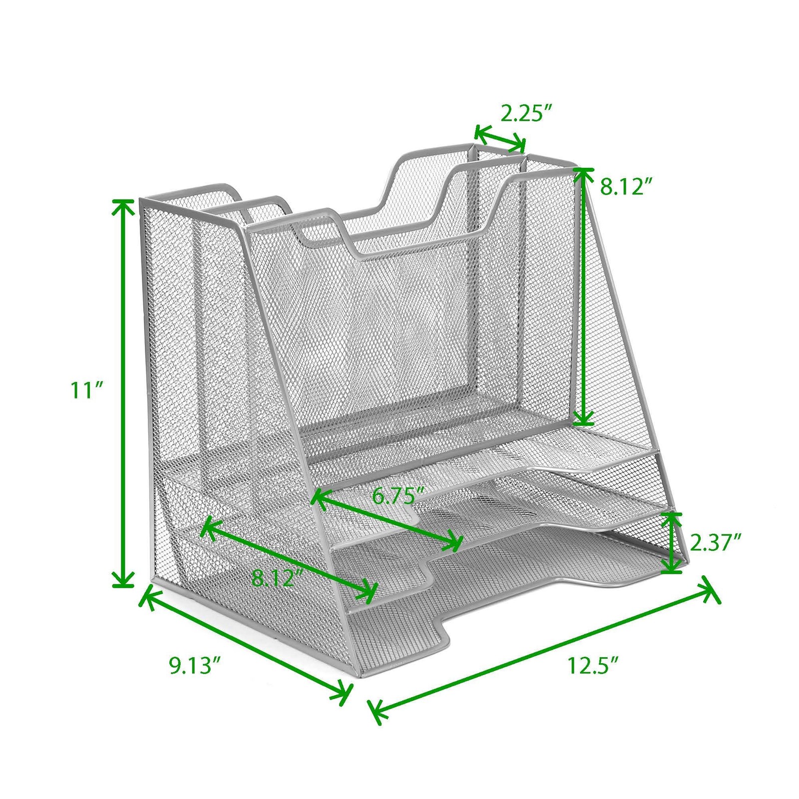 Metal Mesh Desktop File Organizer 3 Tier Paper Tray 5 Compartment Mail Silver