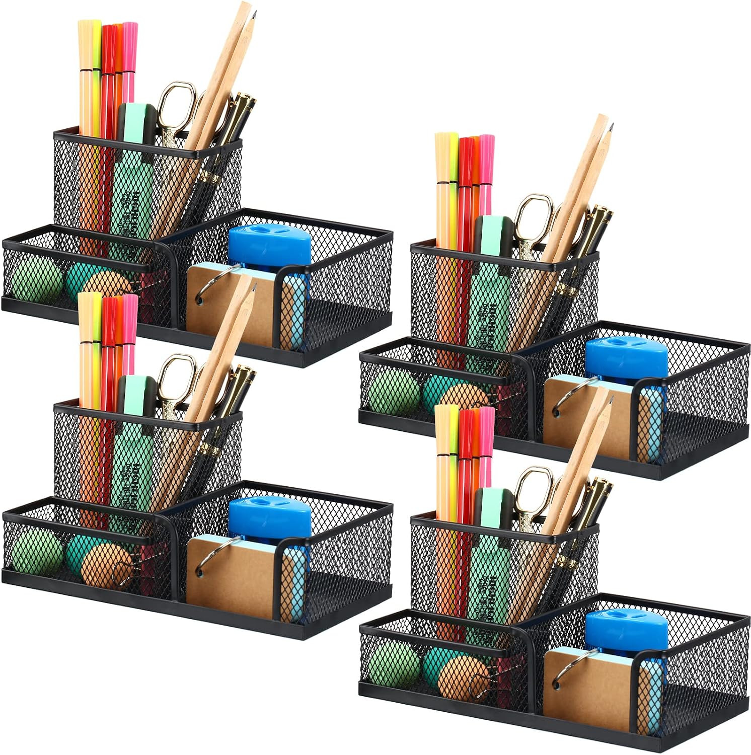 4 Pcs Mesh Desk Organizer 3 Compartments Mesh Pen Holder Sticky Notes Pencil Hol