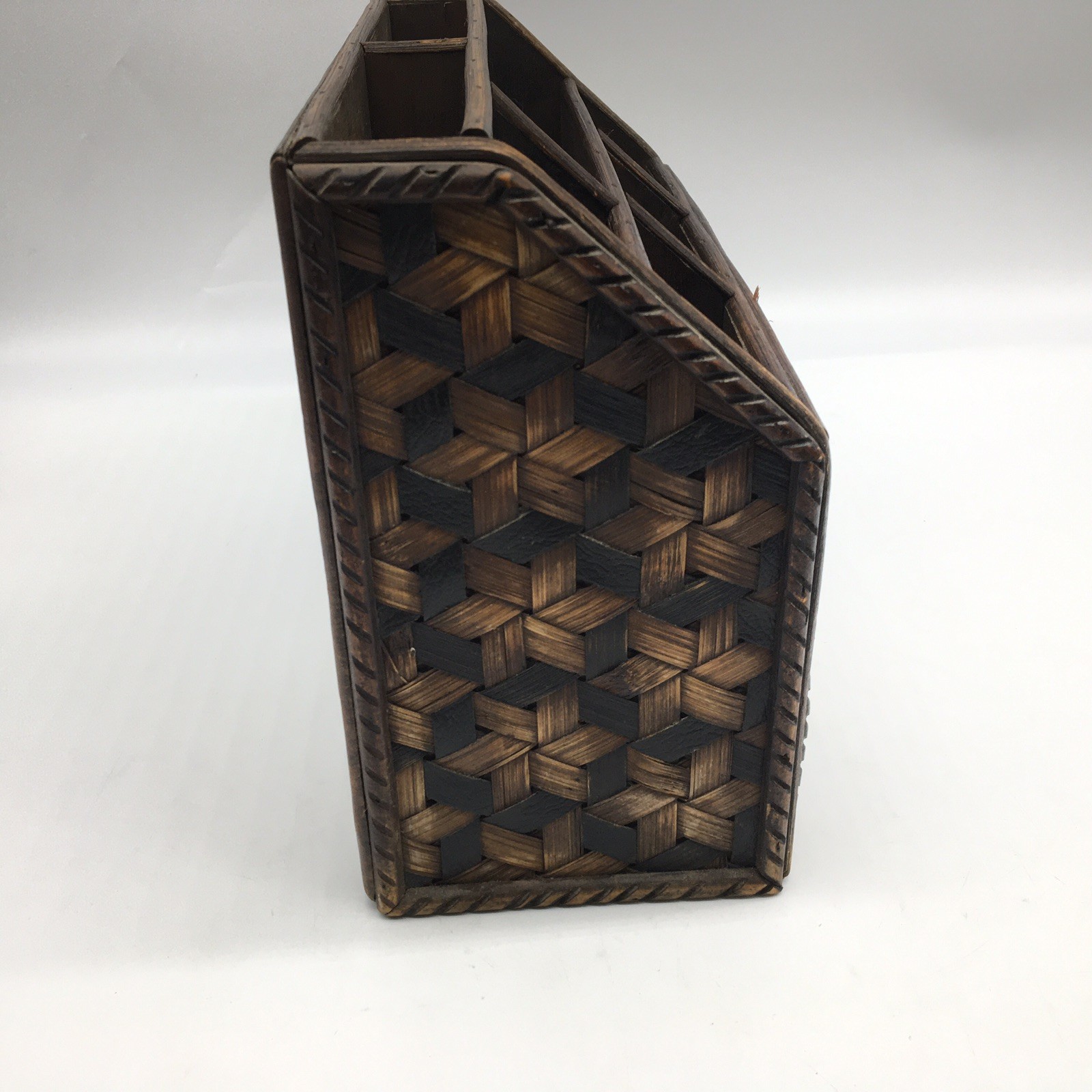 Vtg Wood + Woven Bamboo Desk Organizer Divider 2 Drawers Letter Holder Utensils