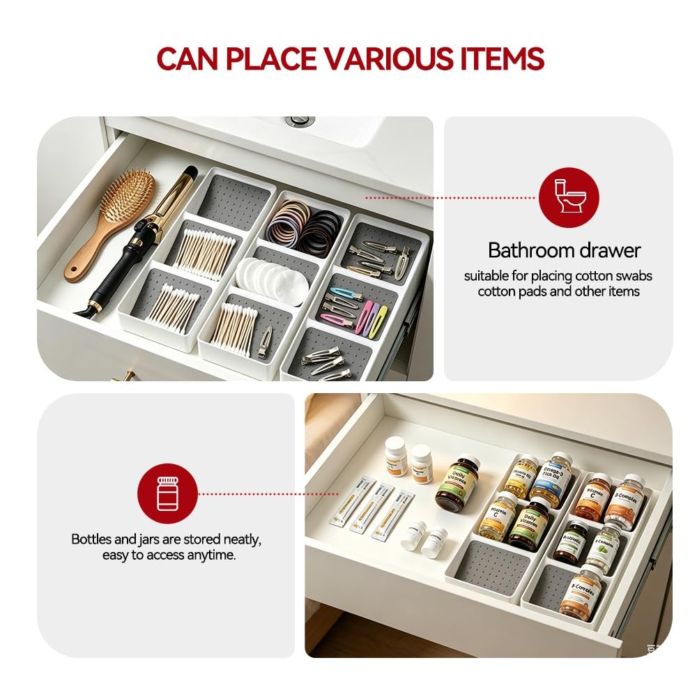 ideamake Spice Drawer Organizer,8 Pack,3 Tier Non-Slip Silicone 8 Pack, White