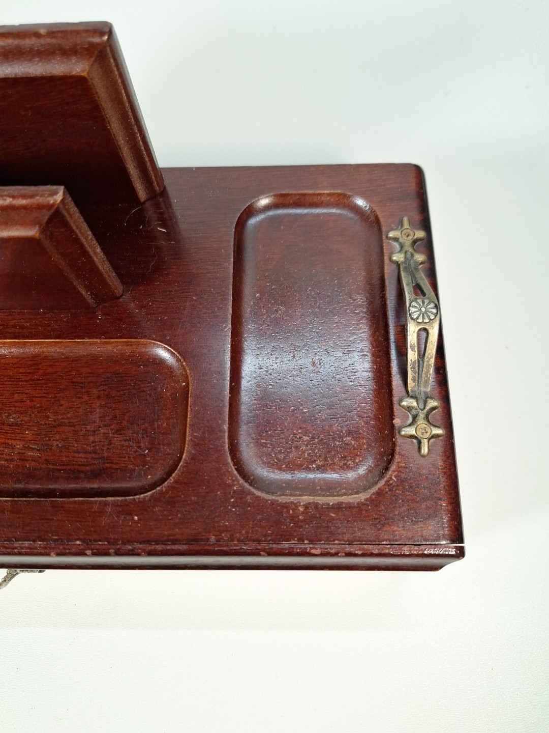 Vintage Wooden Desk Organizer With Metal Handle & Compartment/Drawer