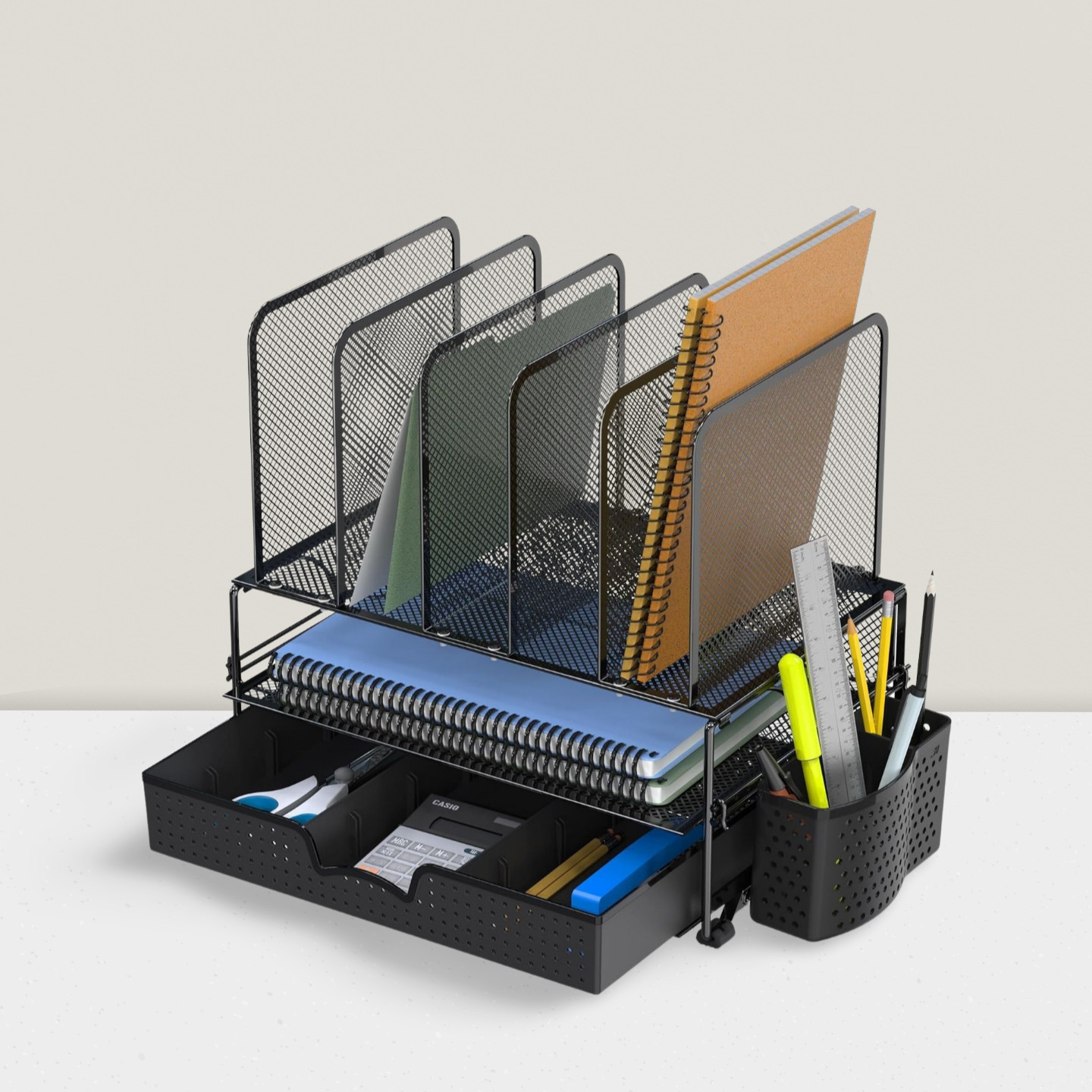 Mesh Desk Organizer with Sliding Drawer Double Tray 5 Upright Sections Black