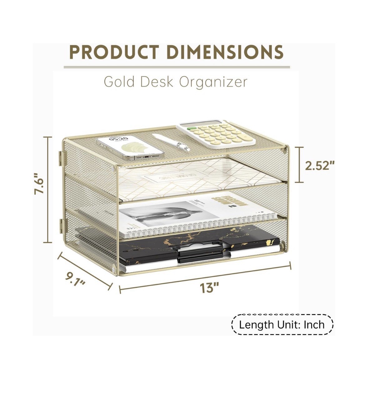 DALTACK 3~Tier Mesh Letter Tray Organizer, Golden Yellow