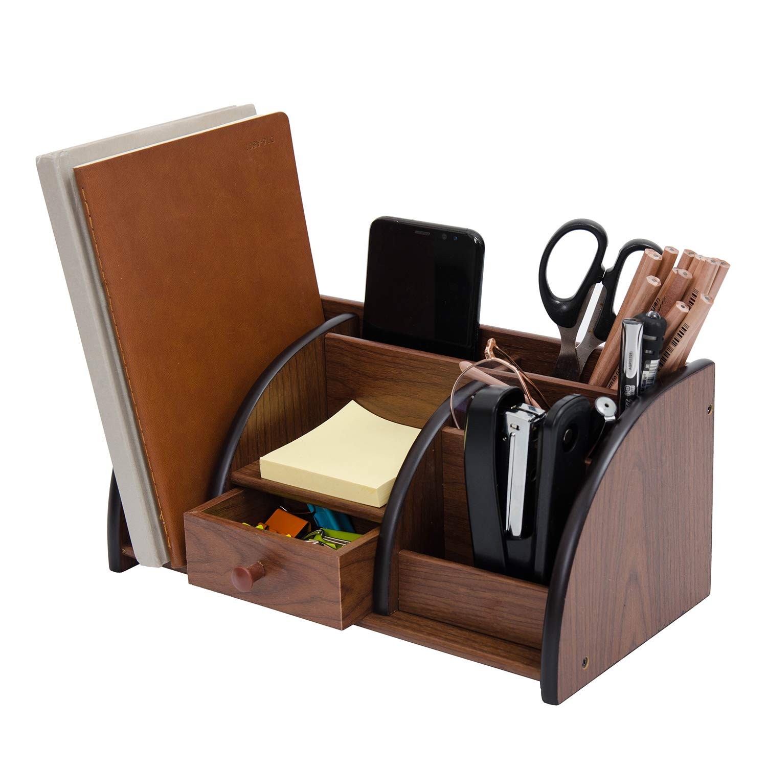 Liry Products Cherry Brown Wood Desktop Organizer Multiple Compartments Stepped