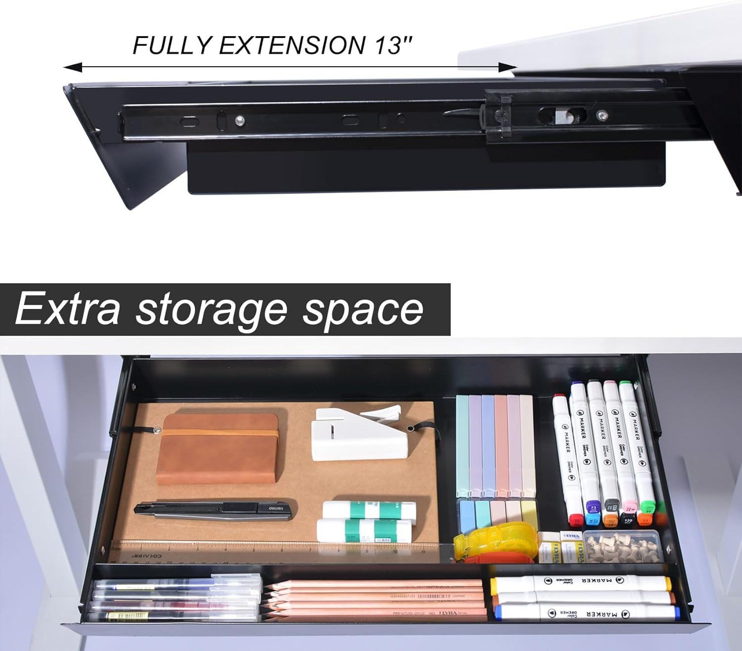 Large under Desk Mounted Sliding Drawer with Pencil Tray and 60 Degree Tilt Pane