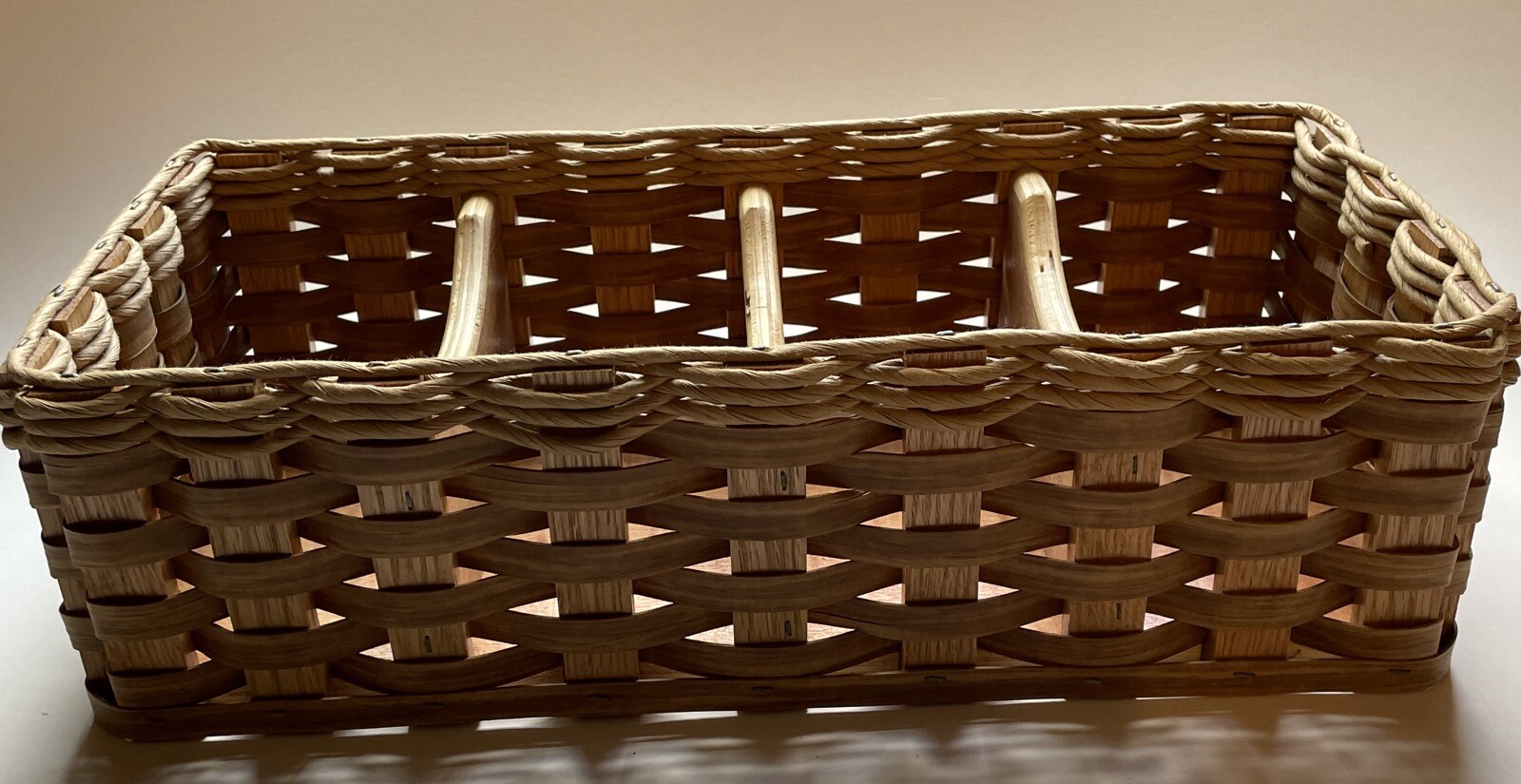 Handmade Desk Organizer Woven Basket 3 Sections Brown Dated 2005 Signed Sturdy