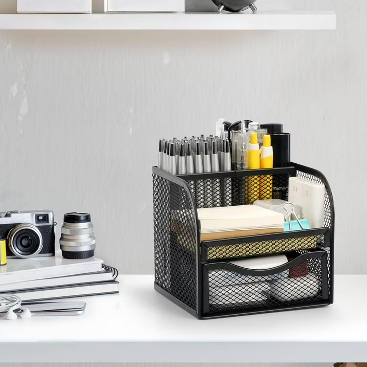 Mesh Desk Organizer with Drawer Metal Pen Pencil Holder Cup Office Desktop Stora