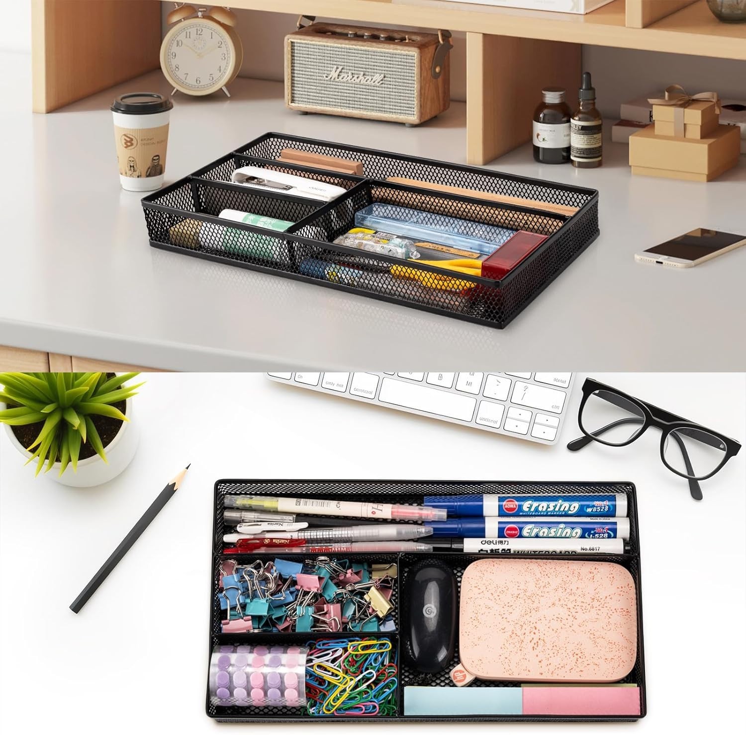 Expandable Desk Drawer Organizer, Mesh Drawer Organizer Tray with 4 Adjustable