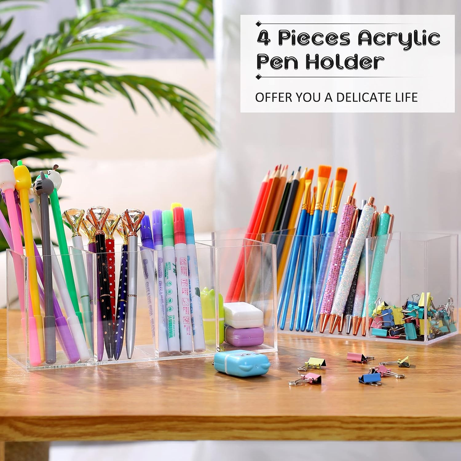 4 Pack Acrylic Pencil Holder Back to School 4 Compartments Clear Pen