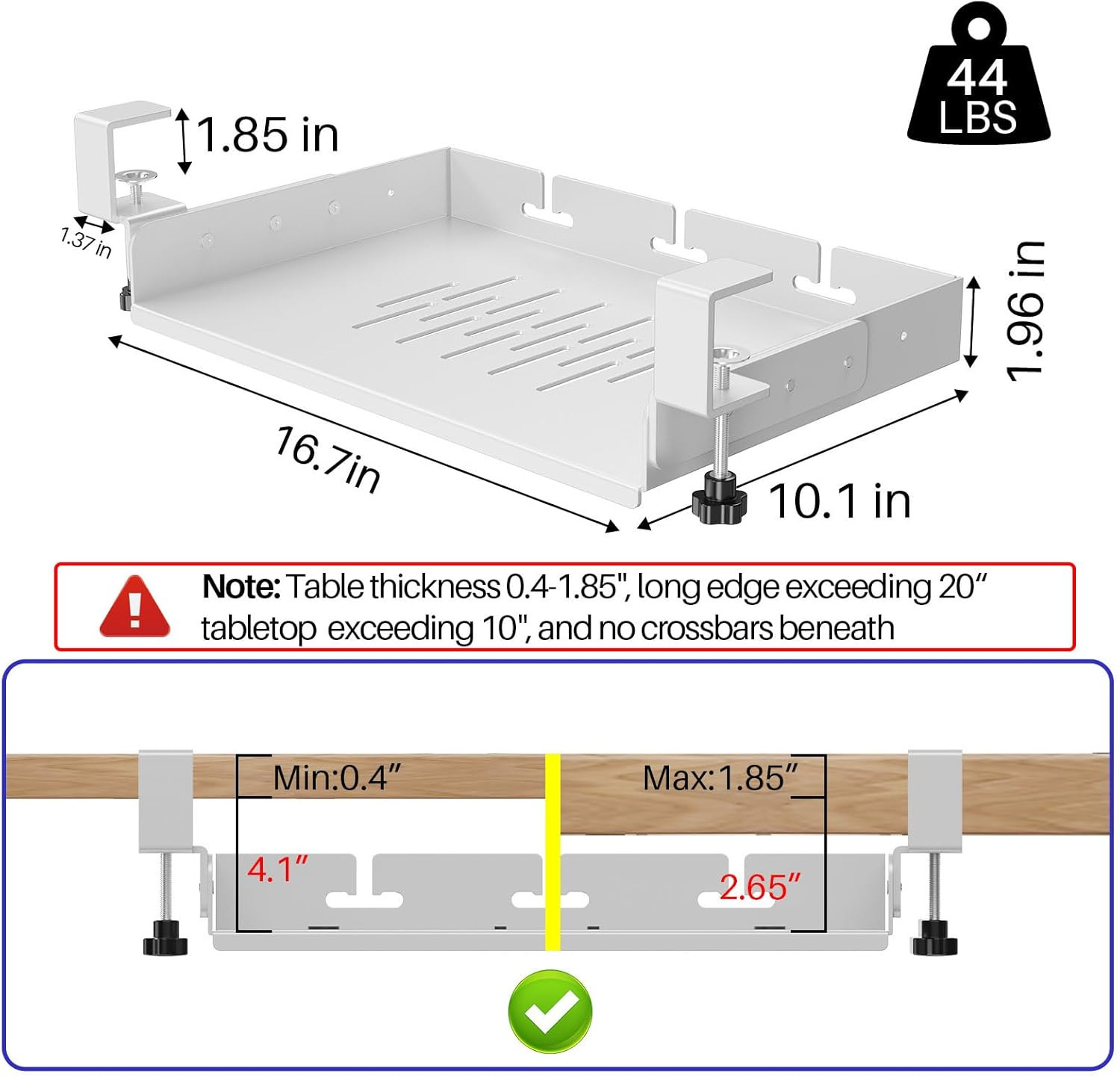 No Drill under Desk Storage Shelf, Metal under Desk Drawer Organizer with Clamp,
