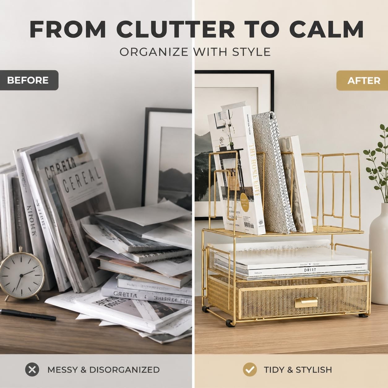 BLU MONACO | Gold Desk Organizer With Drawer | Metal Mesh File Holder &