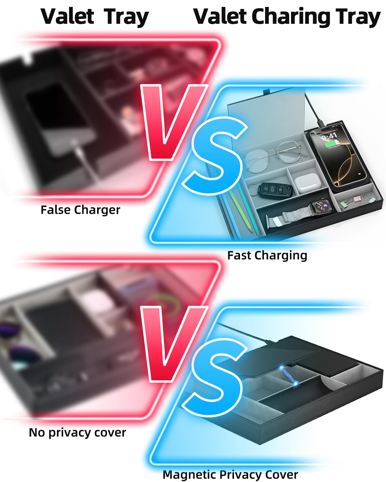 Valet Tray with Wireless Charger, Nightstand Organizer, Leather Desk Drawer O…
