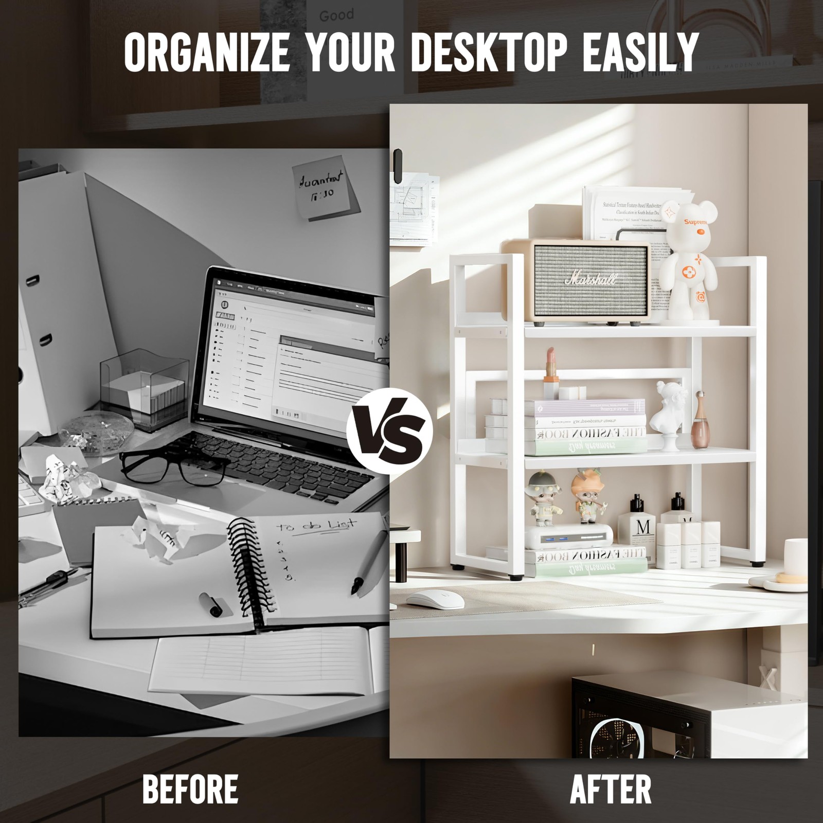 Brakki Desk Shelf Organizer, Adjustable 2 Tier Metal Desktop Medium, White