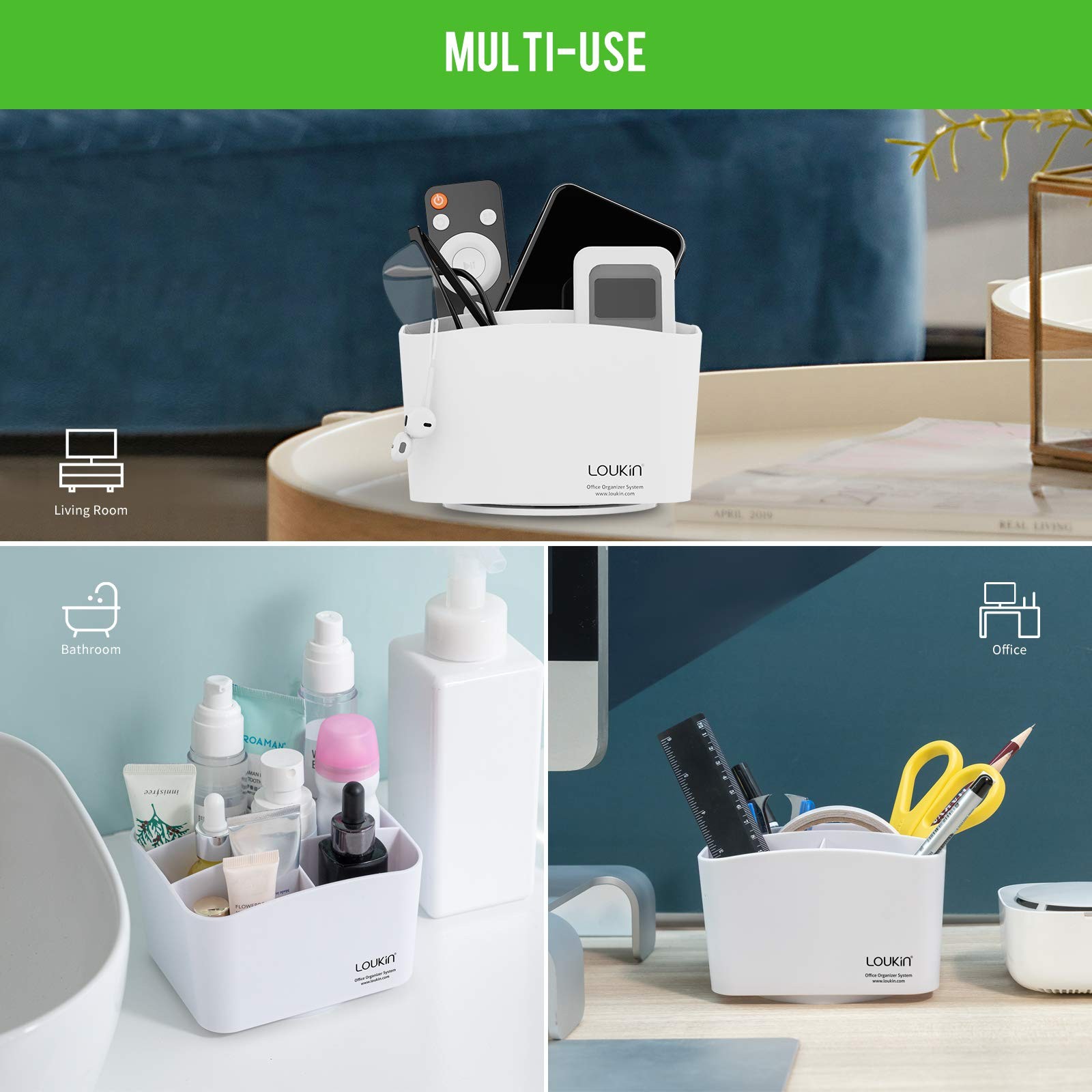 White Rotating Remote Control Holder 5 Compartment Spinning Desktop Caddy