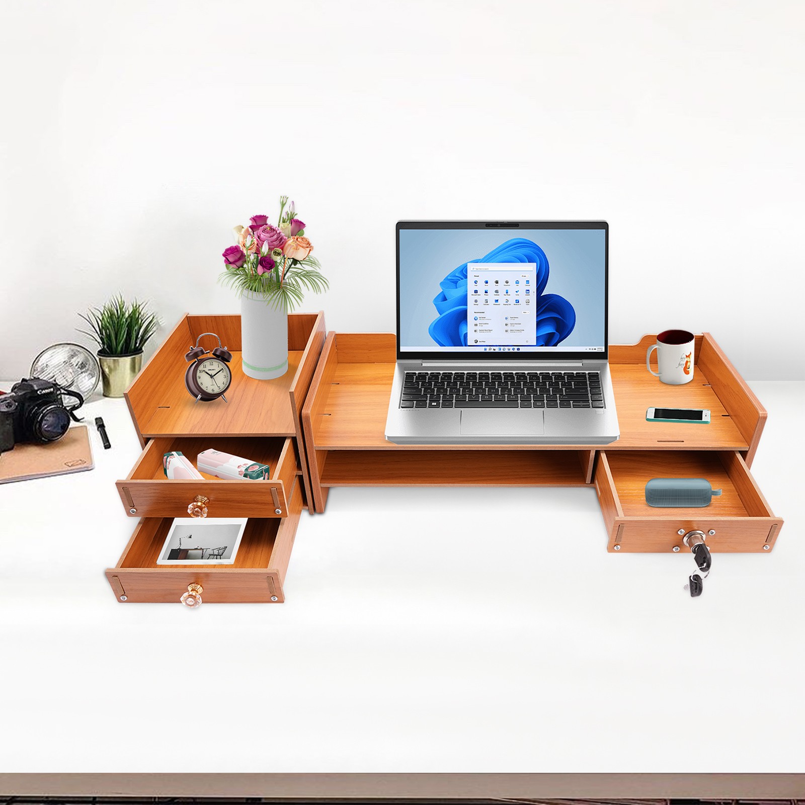 Wooden Desk Organizer with Drawers Office Supplies Computer Desktop Tabletop