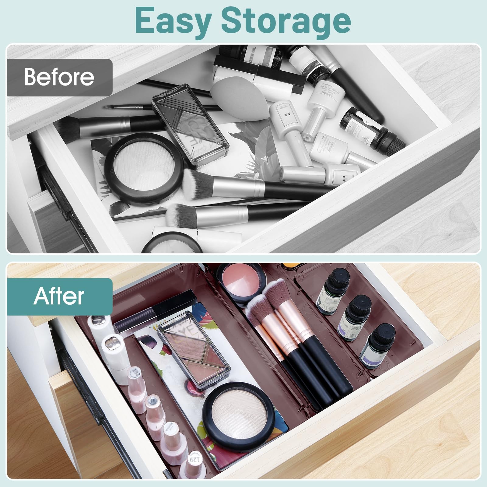 25~Piece Desk Drawer Organizer Set, 4 Sizes, Clear Brown Storage Bins