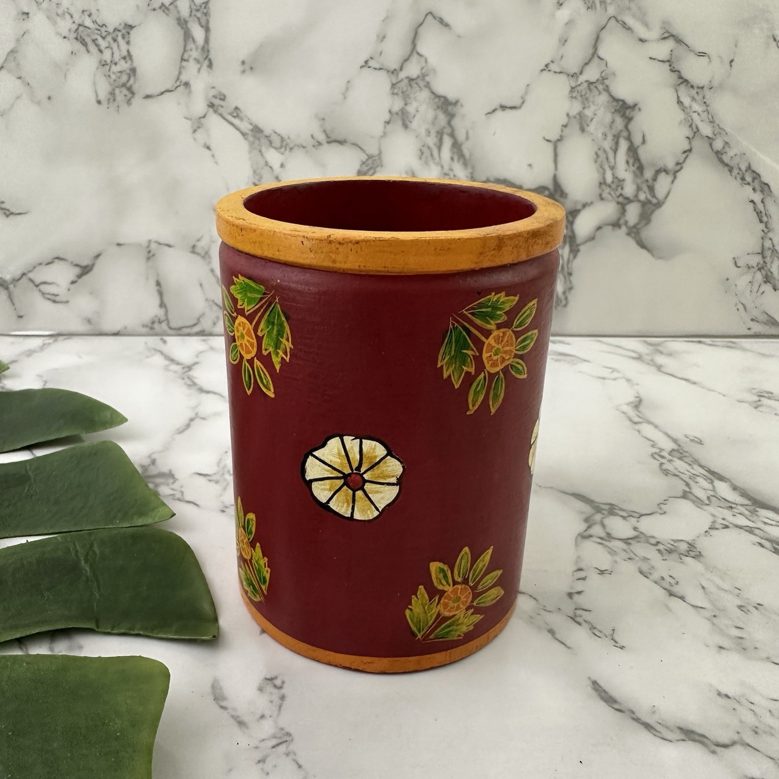 Vintage Y2k Wood Pen Cup Desk Organizer Red Yellow Painted Floral Boho Pencil