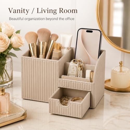 PU Leather Desk Organizer with Drawer Pen Holder Multi-Compartment Office