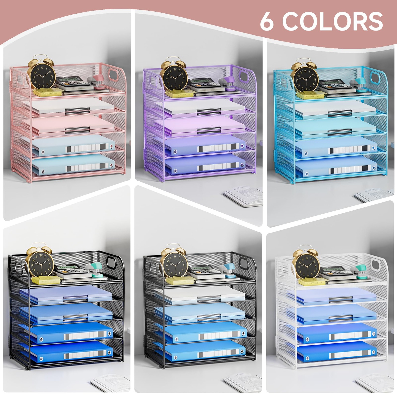 5-Tier Stackable Paper Organizer Handle Pink Metal Mesh Letter Tray File Desk