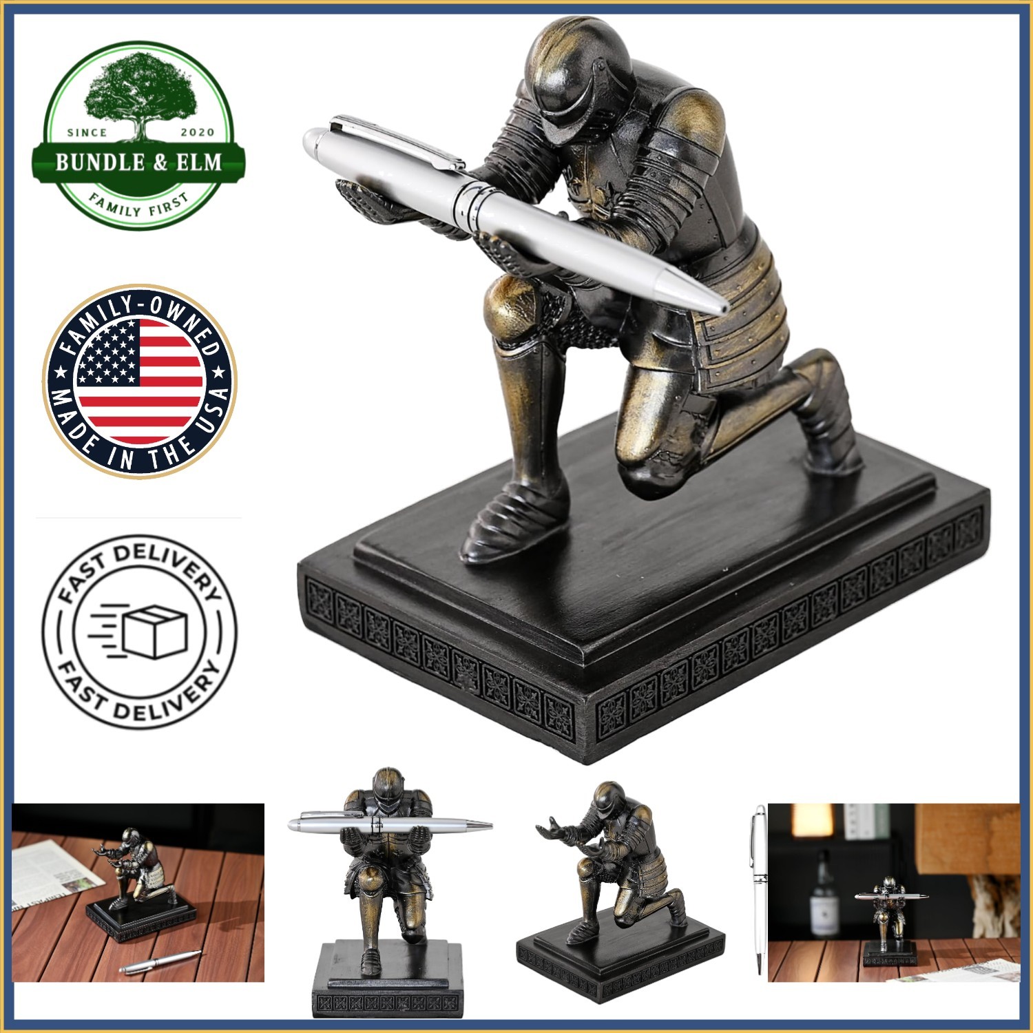 Executive Knight Pen Holder for Desk Organizer, Unique Resin Office Decor