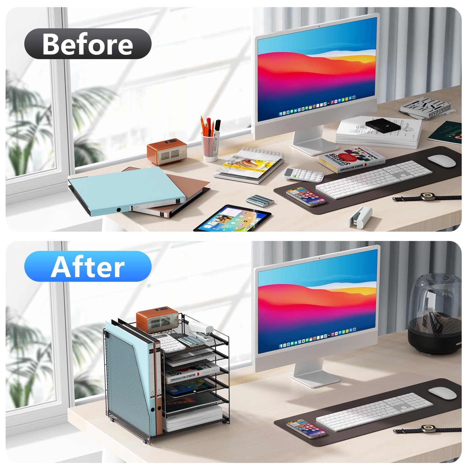 6 Tier Desk Paper Organizer with Magazine Holder File Storage Office Black