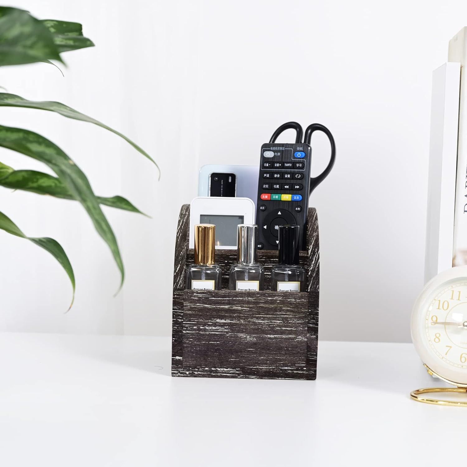 Rustic Brown Wooden Desk Organizer Farmhouse Wood Remote Control Caddy, Vintage