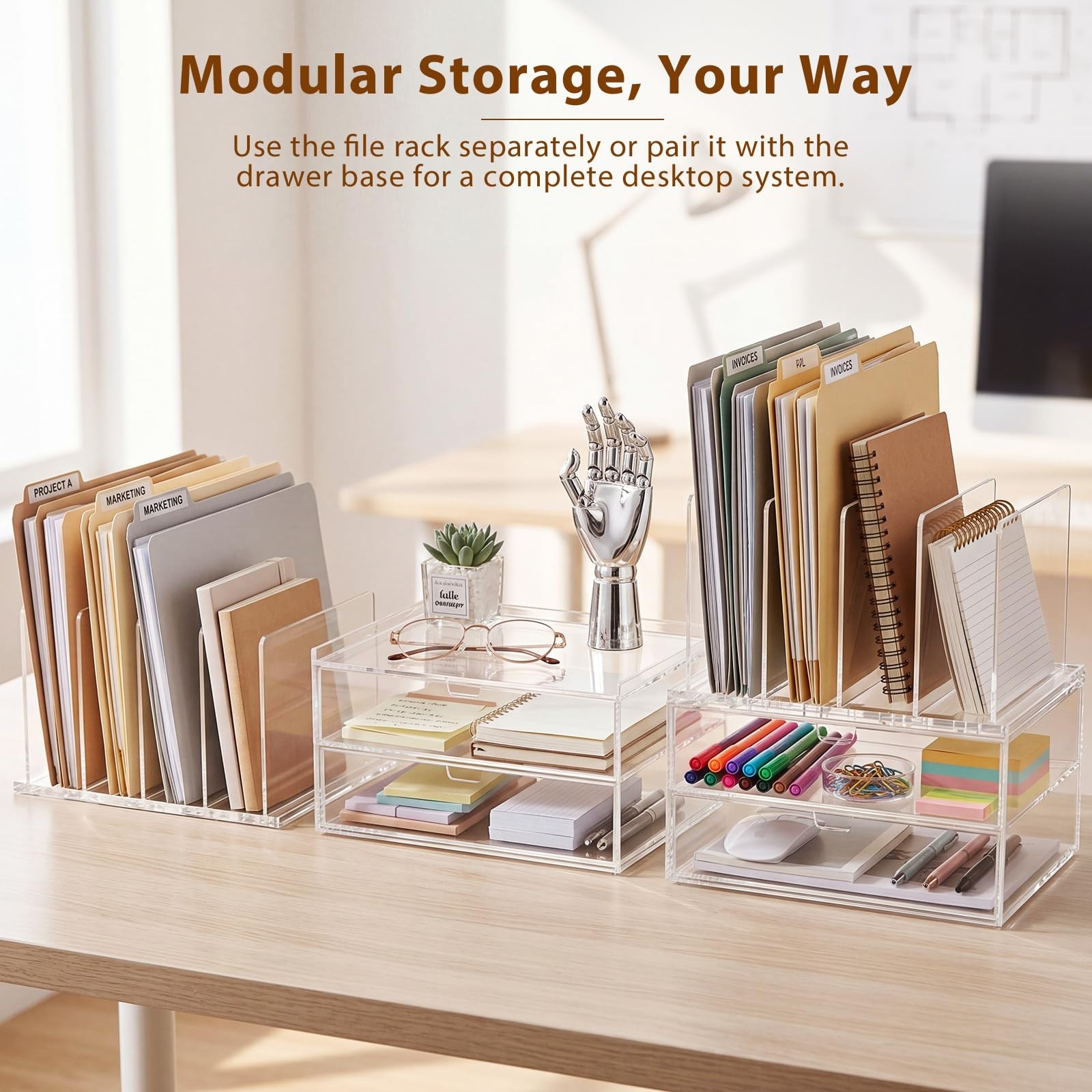 Acrylic Desk Organizer with 2 Drawers, Vertical File Holder with 5 Detachable…