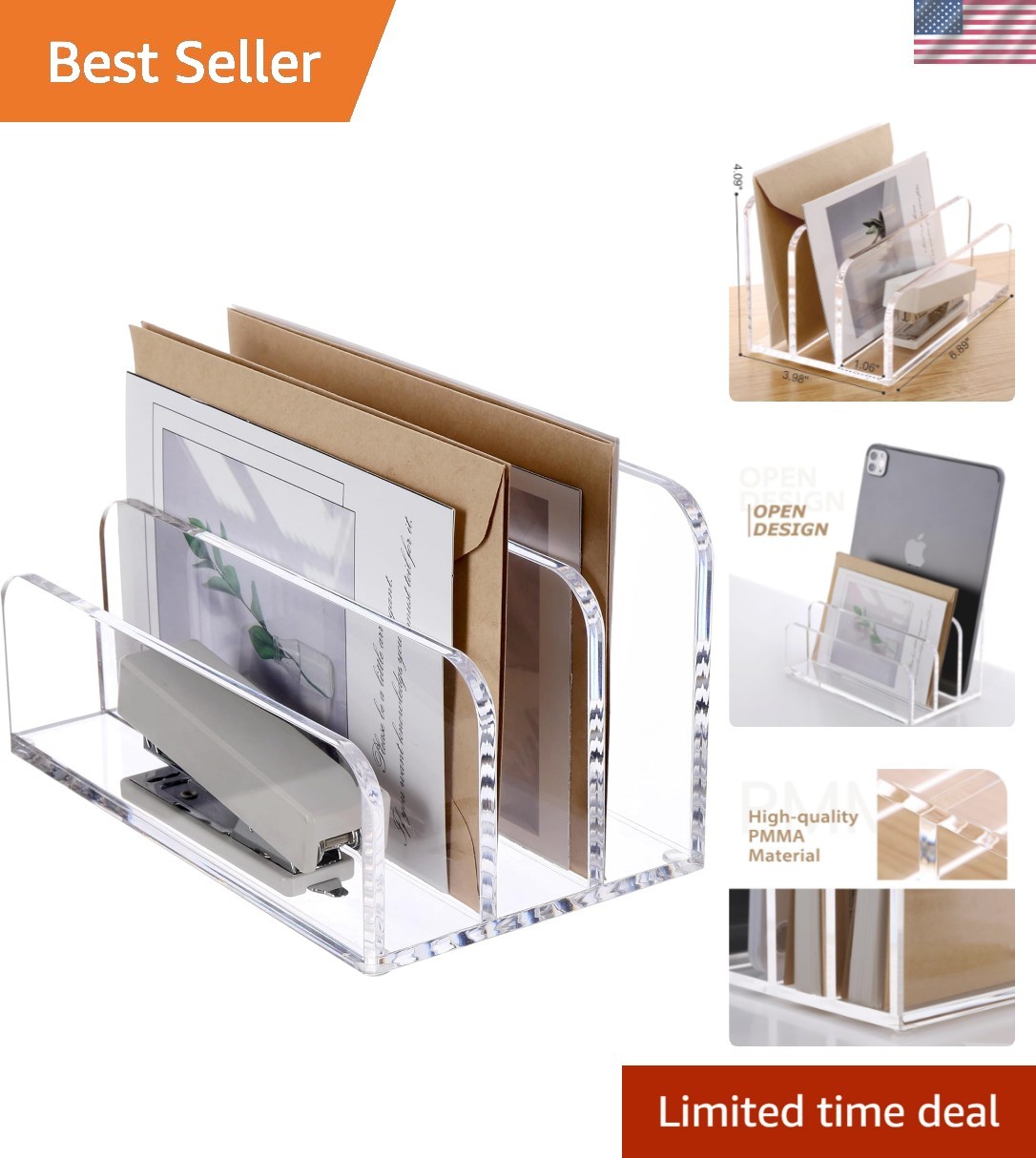 Acrylic File Mail Desktop Organizer Sorters,3 Compartments Laddered Clear Des…