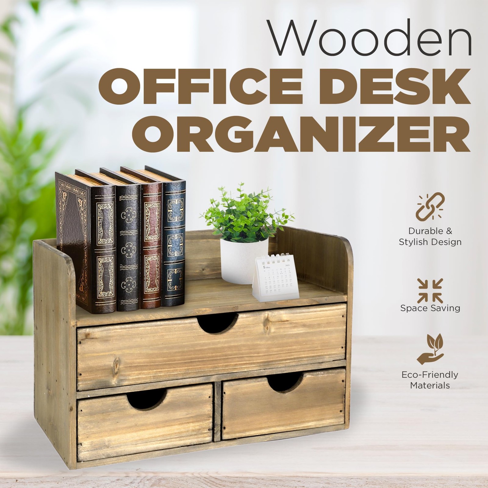 Besti Wooden Office Desk Organizer – Organizing Tool for Rustic Burnt