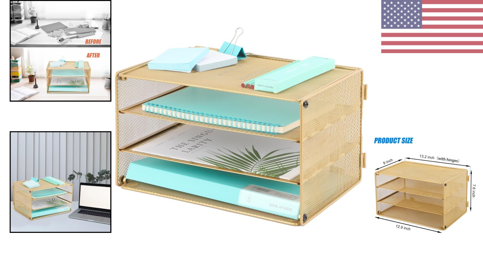 Elegant Gold 3 Tier Mesh Desk Organizer for Effortless Document Management