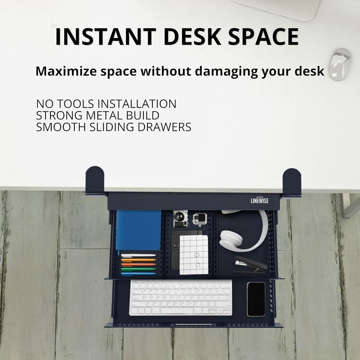 Under Desk Drawer – Clamp-On No-Drill Metal Organizer, Slide-Out Storage for Hom